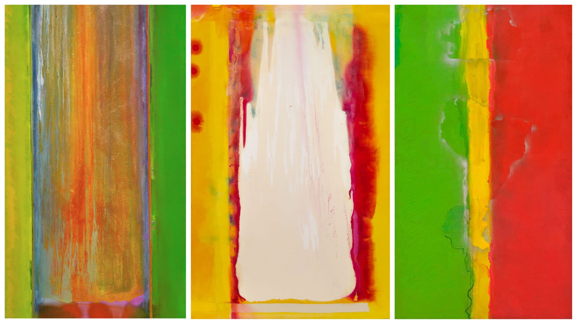 Left to right: Frank Bowling's &quot;Suncrush,&quot; 1976 (Courtesy Sophie M. Friedman Fund; Frank Bowling; DACS, London &amp; ARS, New York 2022; Museum of Fine Arts, Boston); &quot;Woosh,&quot; 1974 (Courtesy Jaime Alvarez; Frank Bowling; DACS, London &amp; ARS, New York 2022; Museum of Fine Arts, Boston); and &quot;Who's Afraid of Barney Newman,&quot; 1968 (Courtesy Tate: Presented by Rachel Scott 2006; Frank Bowling; DACS/Artimage, London &amp; ARS, New York 2022; Museum of Fine Arts, Boston).