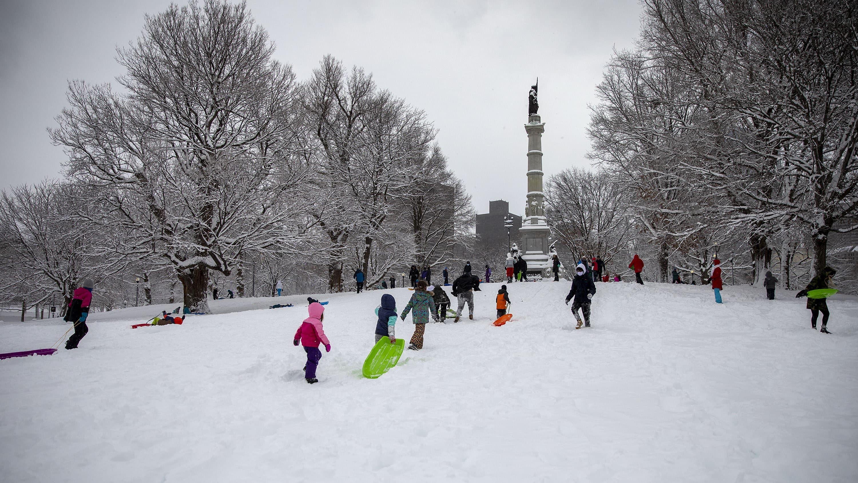 Families sledding on Boston Common rush their sleds back up the hill. (Robin Lubbock/WBUR)