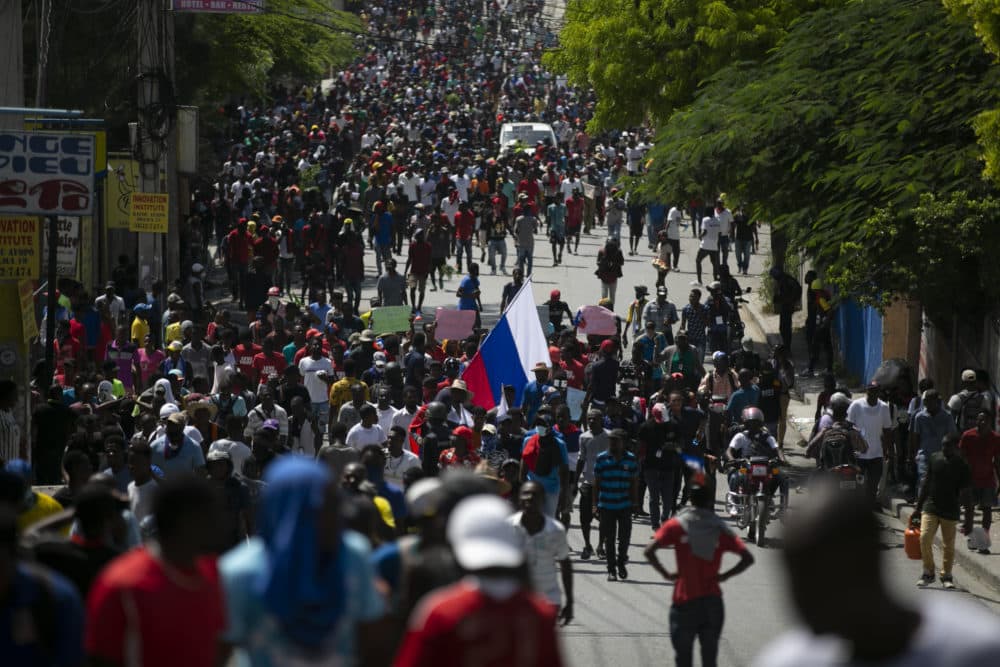 Demonstrators fill the streets during a protest to reject an international military force requested by the government and to demand the resignation of Prime Minister Ariel Henry in Port-au-Prince, Haiti. (Odelyn Joseph/AP)