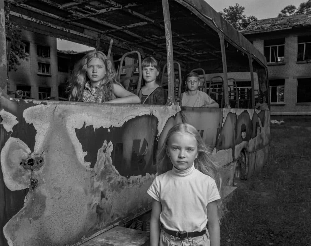 'Bohdanivka, Kyiv Region; the school and the school bus were deliberately targeted by Russian artillery' (Mark Neville)