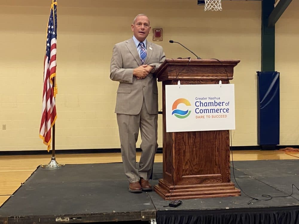 Don Bolduc, Republican candidate for the U.S. Senate in New Hampshire, addresses the Nashua Chamber of Commerce. (Anthony Brooks/WBUR)