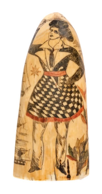 The female pirate Alwilda depicted on a whale tooth. (Courtesy Cahoon Museum of American Art) 