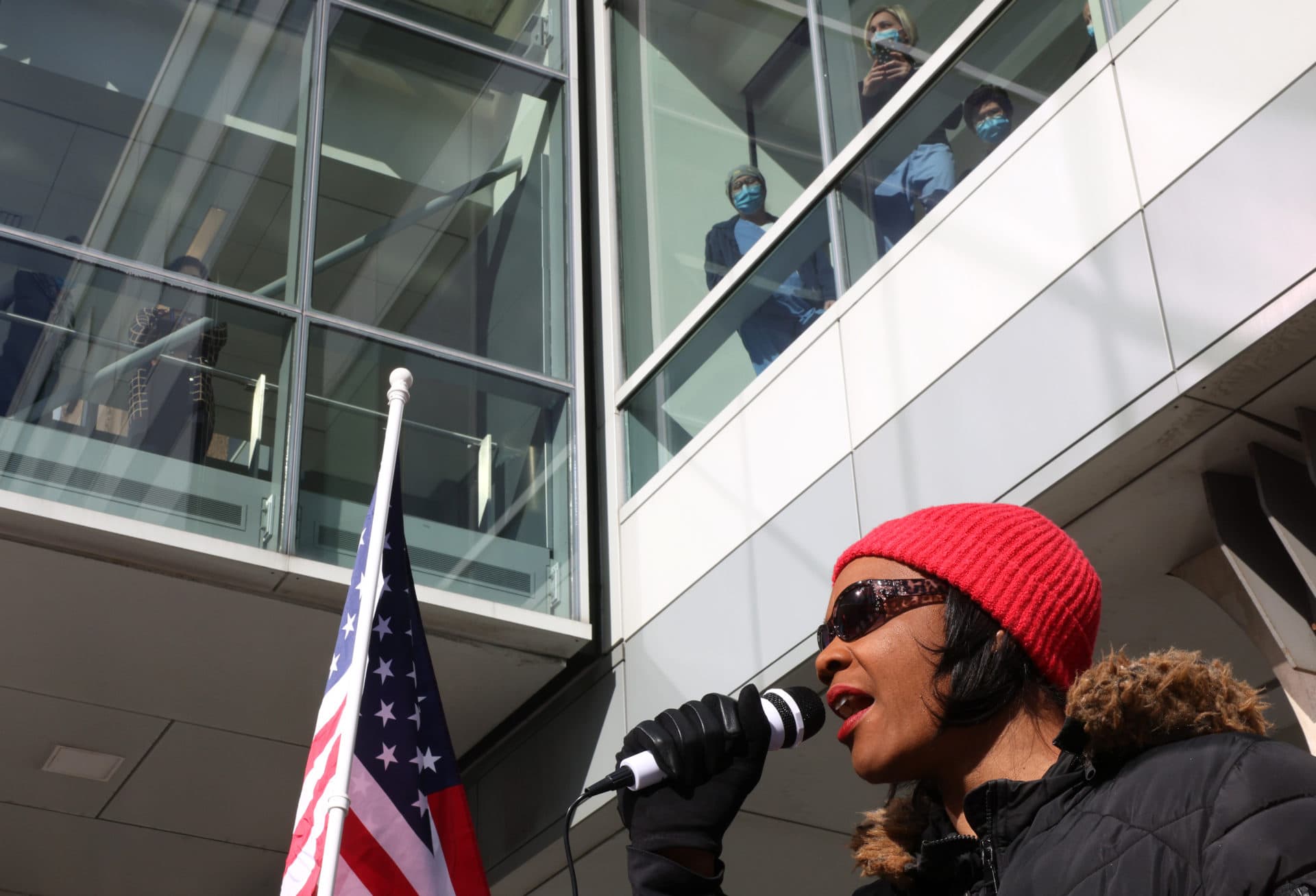 Rayla Campbell leads protesters in chants such as My Body, My Choice as they gather outside of Brigham and Women's Hospital in Boston on Feb. 6, 2022. (Jessica Rinaldi/The Boston Globe via Getty Images)