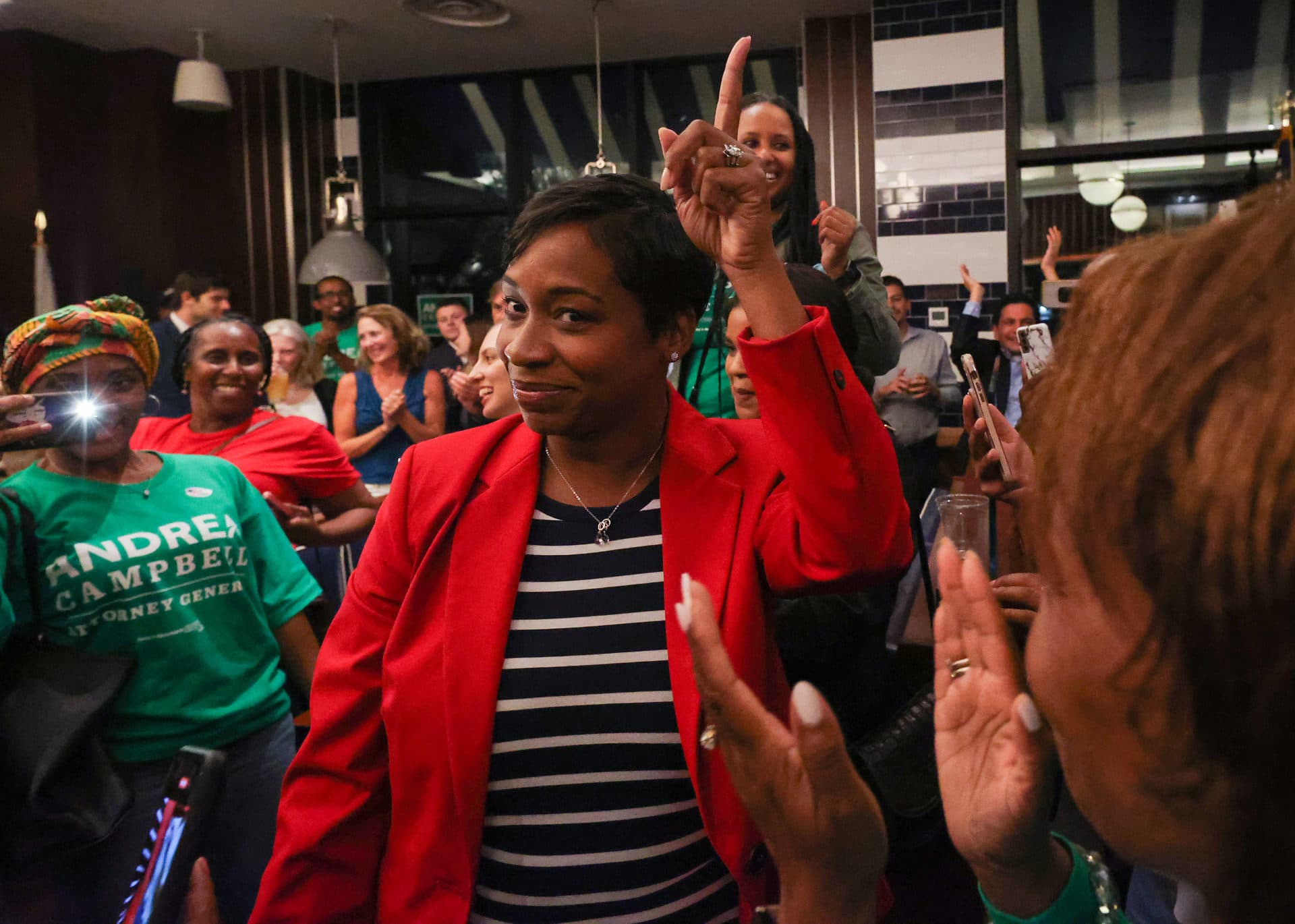 Andrea Campbell makes her entrance at her primary night event at the Reelhouse Marina Bay. (Barry Chin/The Boston Globe via Getty Images)