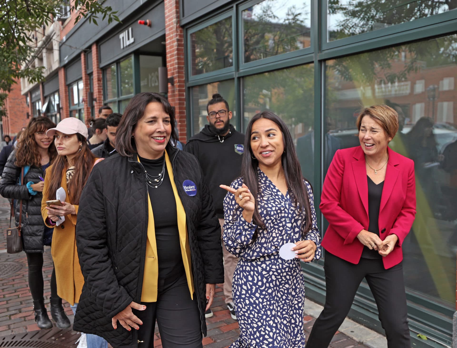 Gubernatorial candidate Maura Healey, far right, went on a small business walk in Chelsea with Kim Driscoll, left, and Chelsea City Councilor and candidate for State Representative Judith Garcia, center. (David L. Ryan/The Boston Globe via Getty Images)