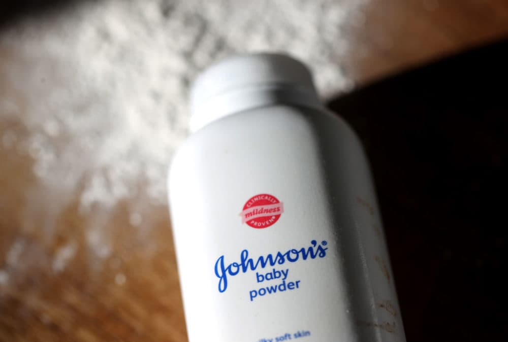 In this photo illustration a bottle of Johnson & Johnson baby powder is displayed on a table on November 12, 2021 in San Anselmo, California.(Justin Sullivan/Getty Images)