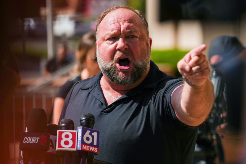 InfoWars founder Alex Jones speaks to the media outside Waterbury Superior Court during his trial on Sept. 21, 2022 in Waterbury, Connecticut. (Photo by Joe Buglewicz/Getty Images)