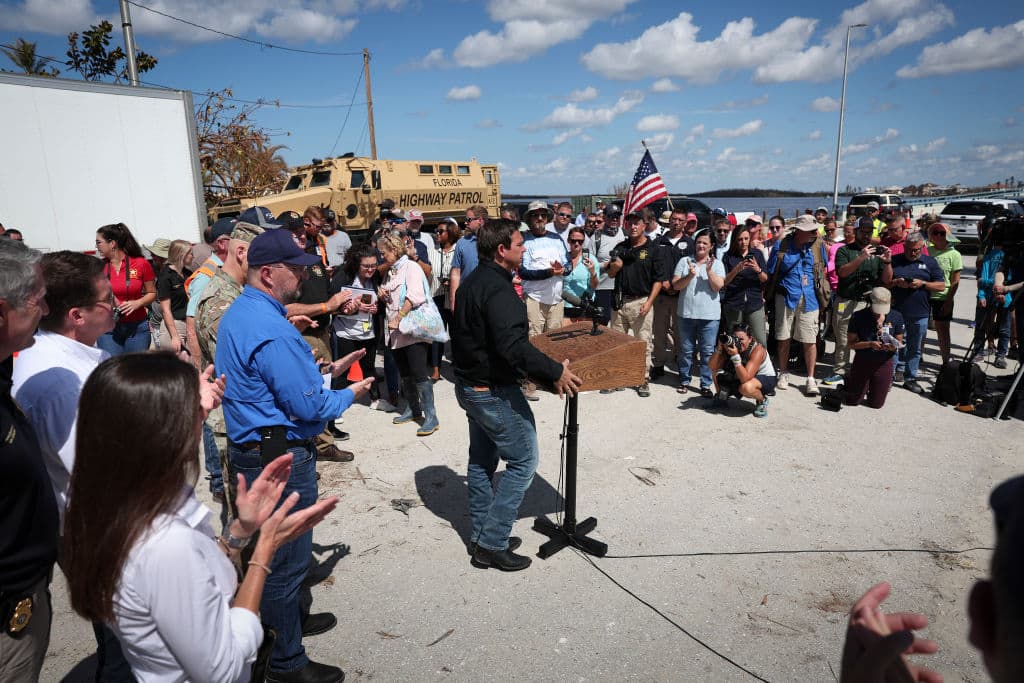 Florida Gov. Ron DeSantis speaks during a press conference on the island of Matlacha on Oct. 5, 2022 in Matlacha Florida. (Win McNamee/Getty Images)