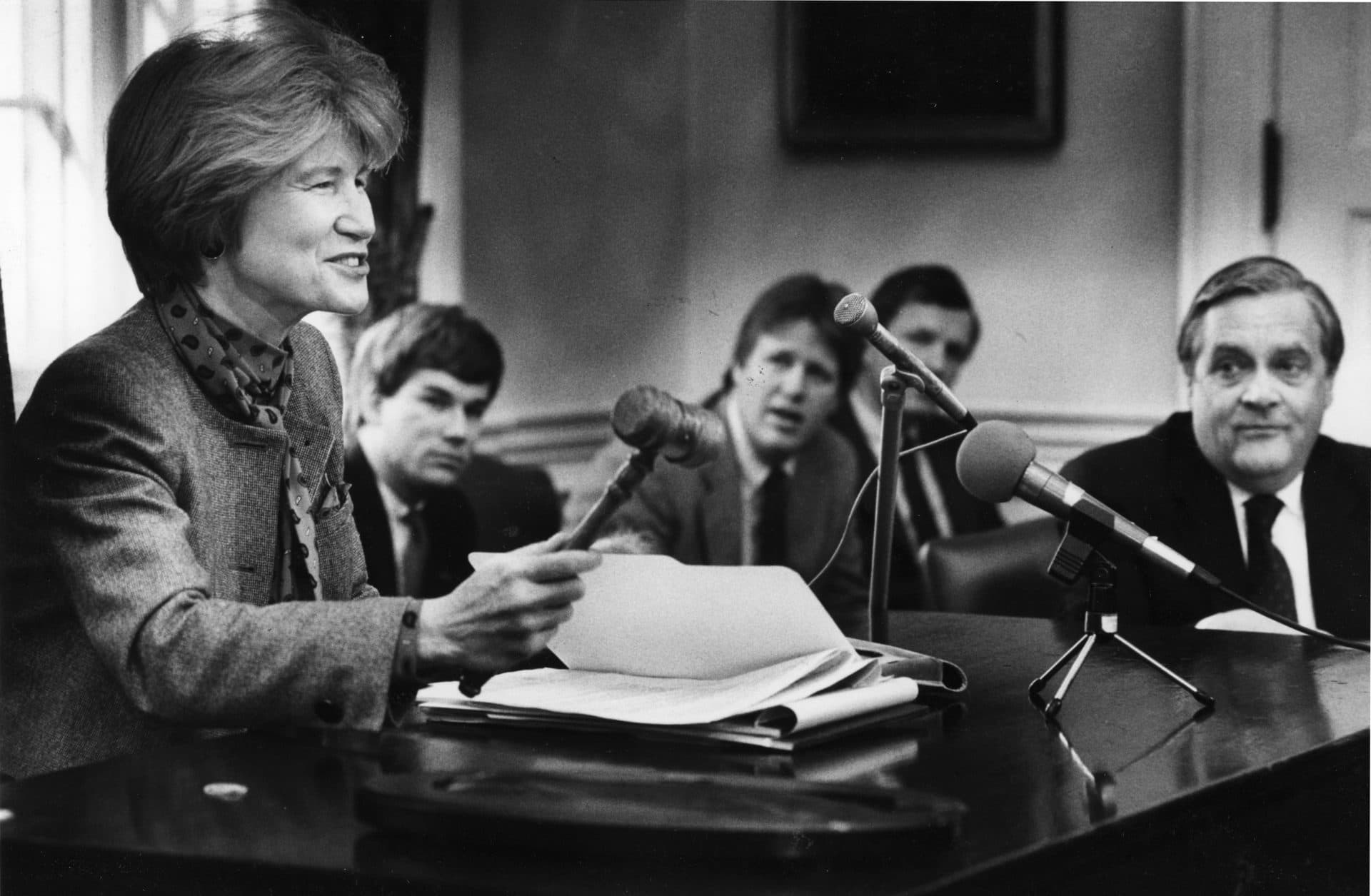 Former Lt. Gov Evelyn Murphy presides over a meeting of the Governor's Council in 1987. (Wendy Maeda/The Boston Globe via Getty Images)