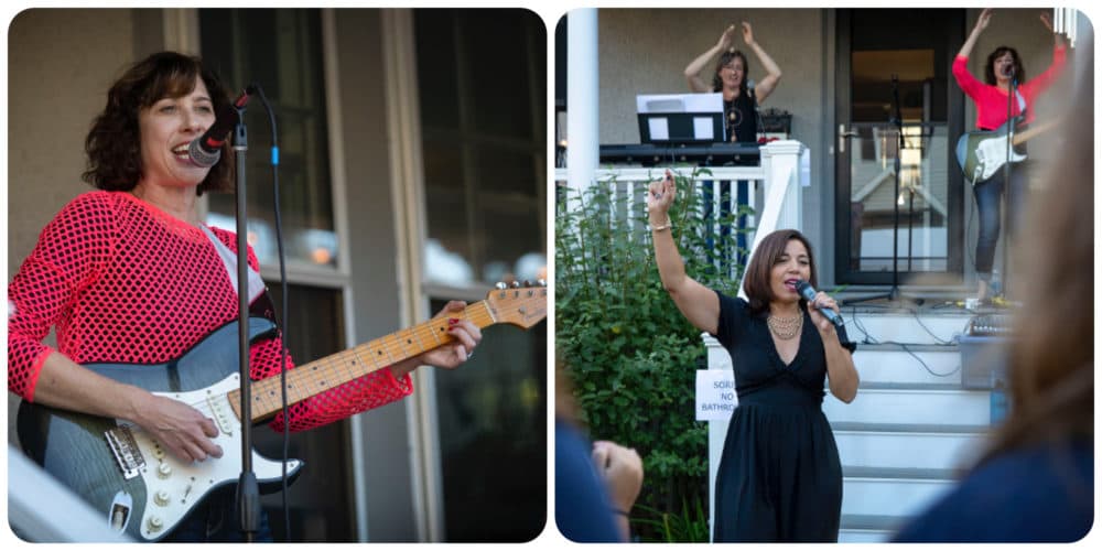 Left to right: the author, Joanna Weiss, on electric guitar and on stage with Imge Ceranoglu on piano and Leila Mitchell singing to the crowd at Milton Porchfest, 2022. (Robin Lubbock/WBUR)