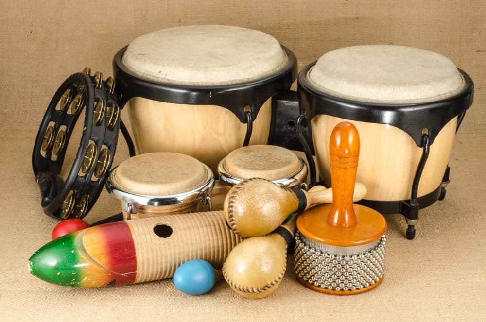 Members of the Latin percussion family include (left to right): tambourine, cabasa, bongo drums, egg shakers, maracas, and guiro. (Courtesy of Eric Shimelonis)