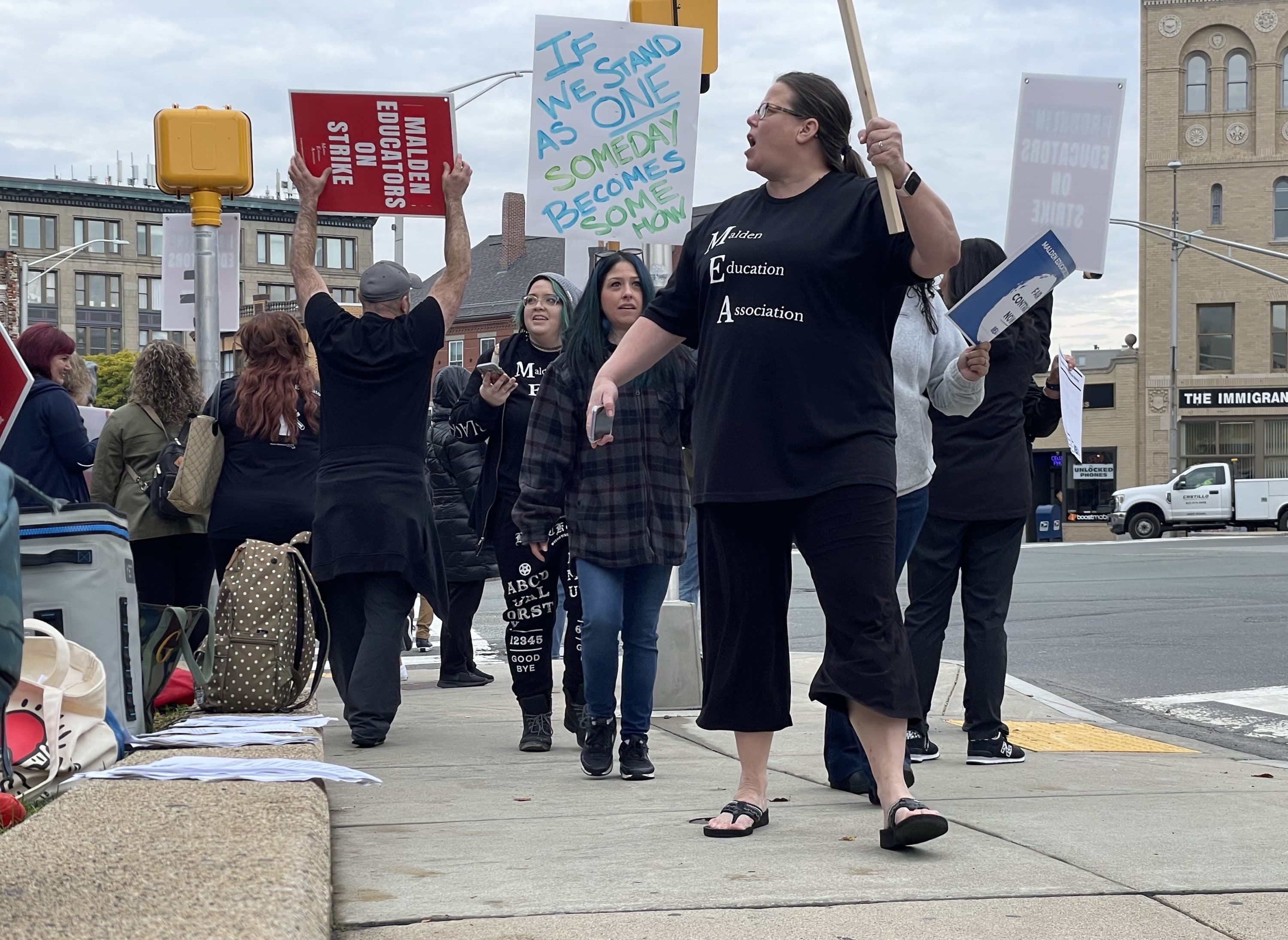 Educators on the picket line on Salem St., outside Malden High School. (Max Larkin/WBUR)