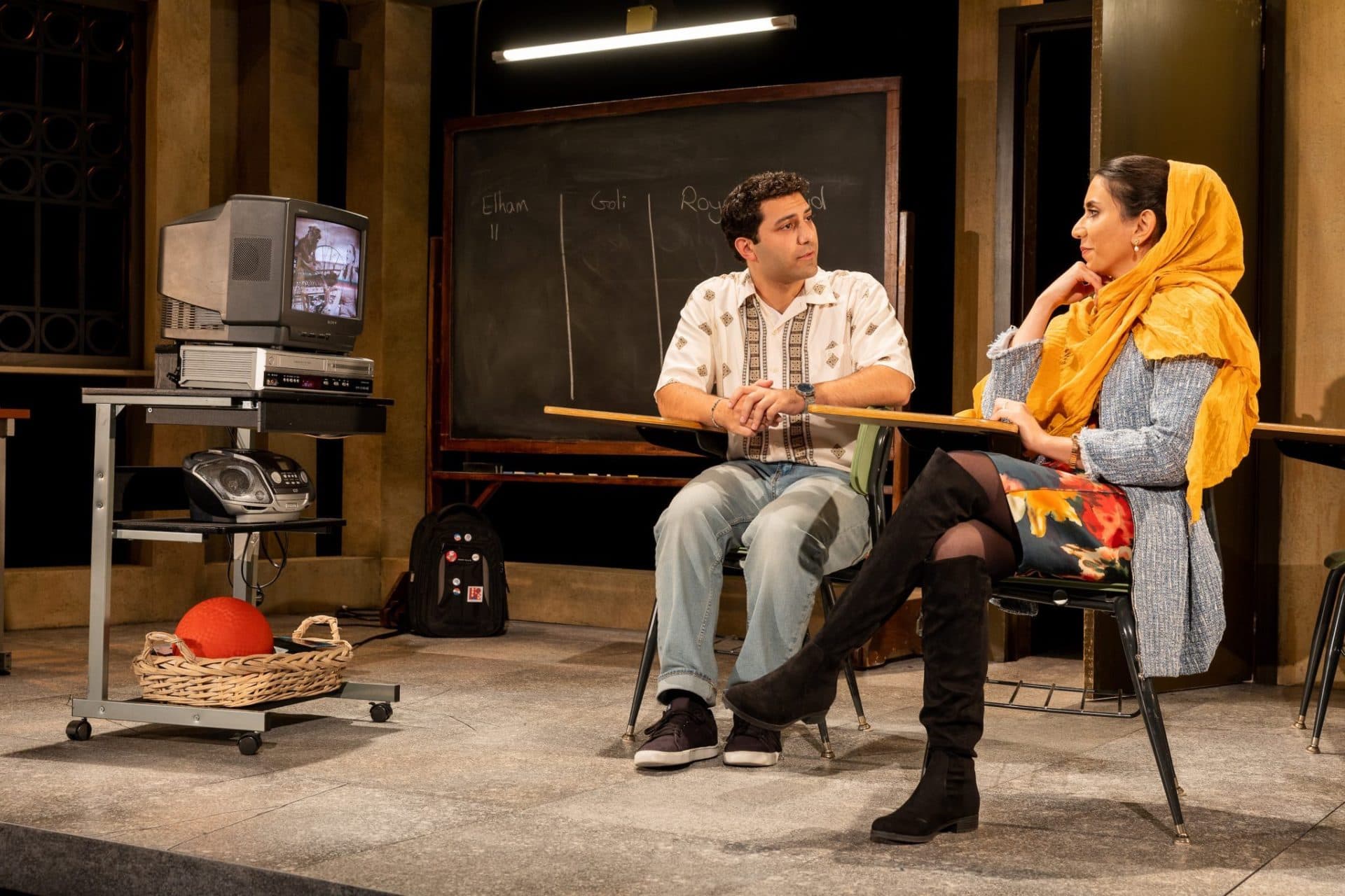 Zaven Ovian as Omid and Deniz Khateri as Marjan in SpeakEasy’s production of &quot;English.&quot; (Courtesy Nile Scott Studios)