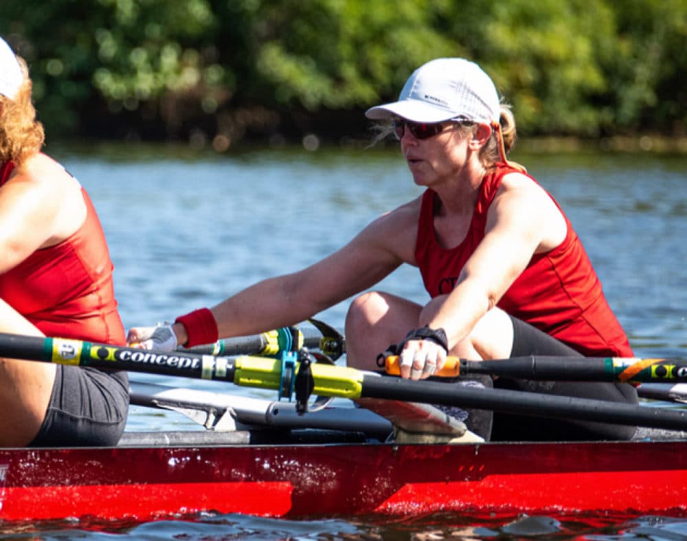 The author sculling with Community Rowing Inc. on the Charles River, 2022. (Courtesy Community Rowing, Inc.)
