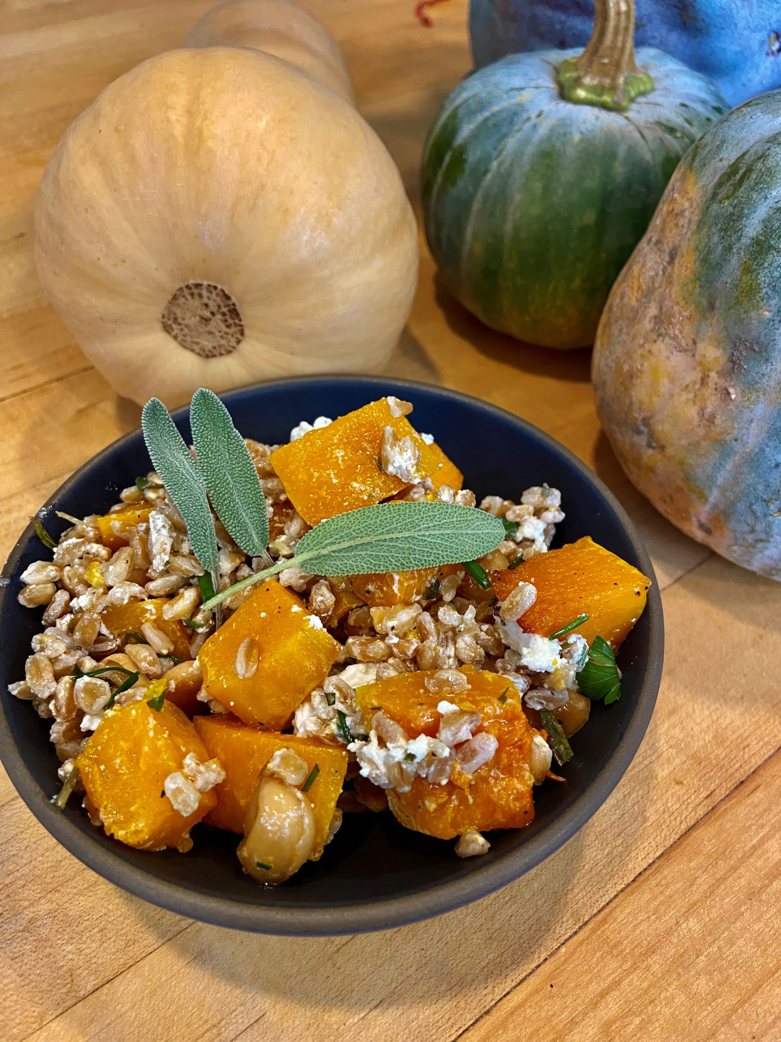 Herbed farro salad with roasted butternut squash, goat cheese and almonds. (Kathy Gunst/Here & Now)