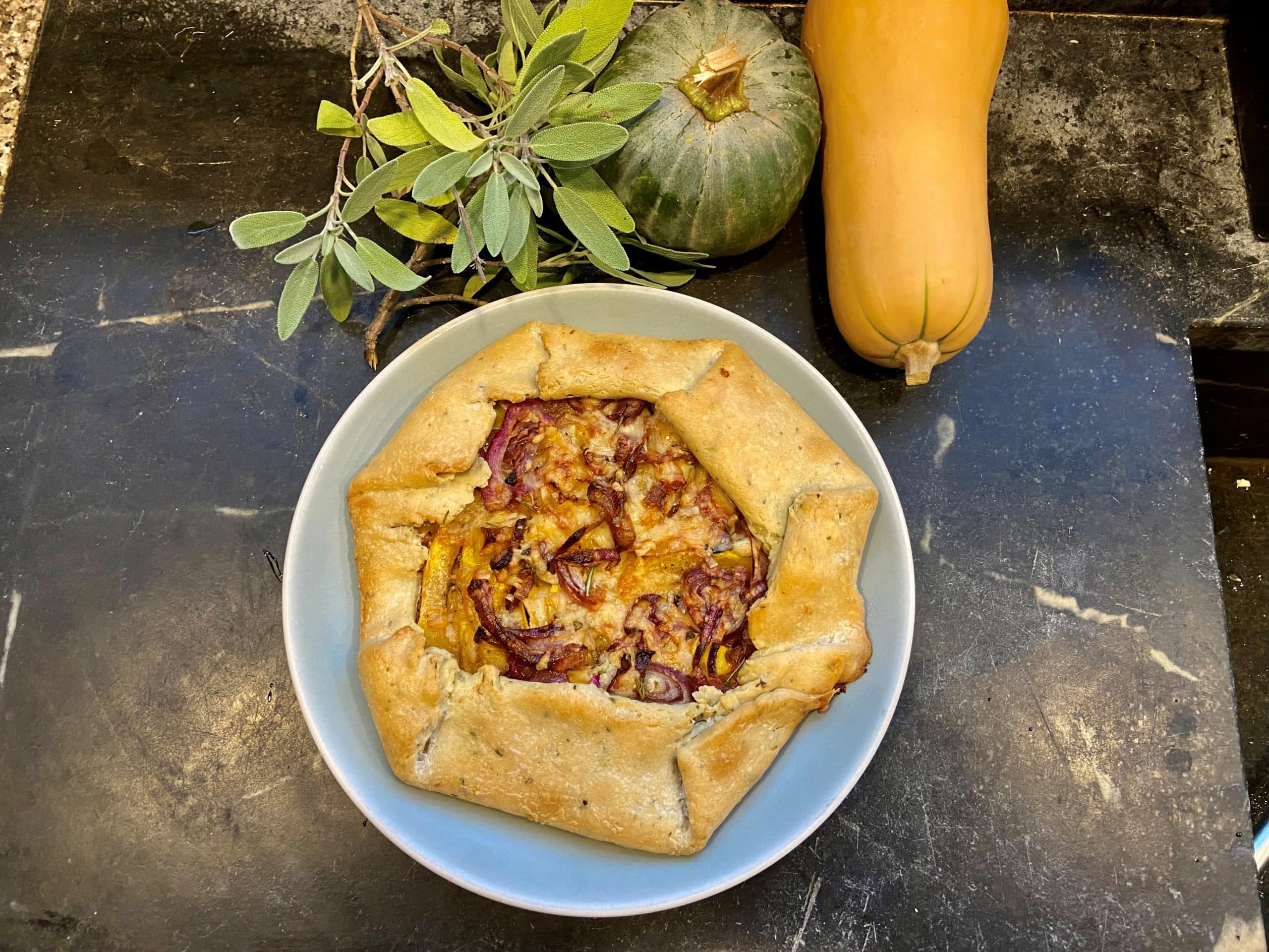 Winter squash galette with red onions in herb pastry. (Kathy Gunst/Here & Now)