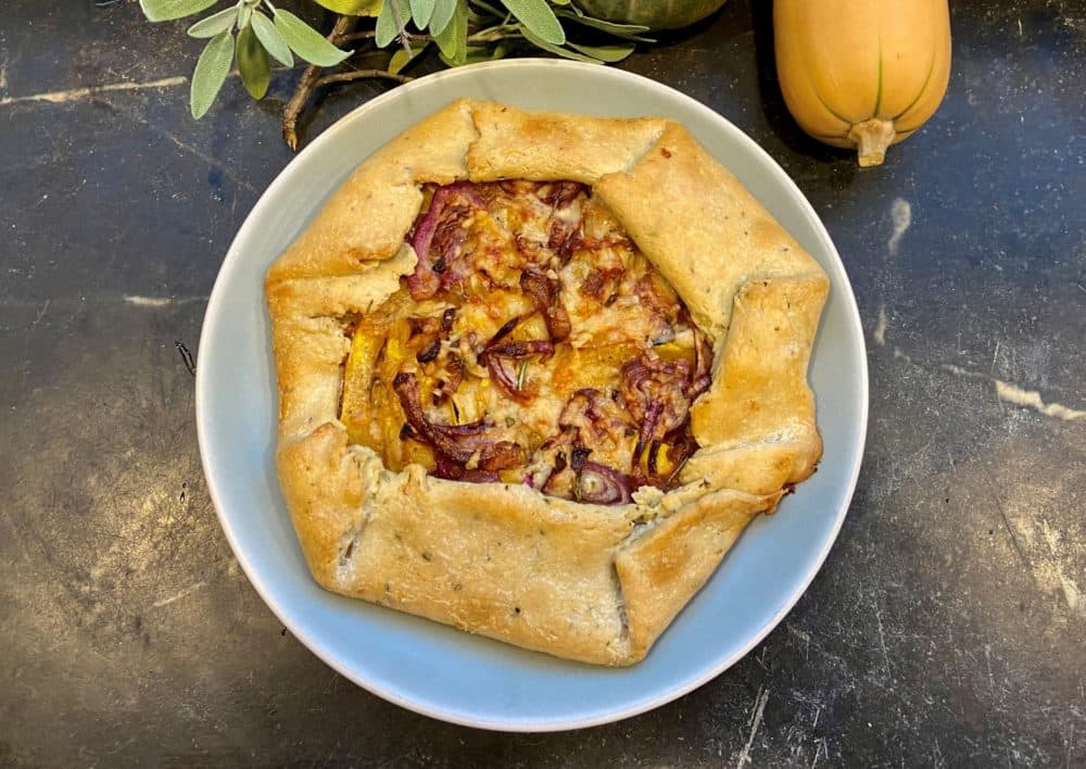 Winter squash galette with red onions in herb pastry. (Kathy Gunst/Here &amp; Now)