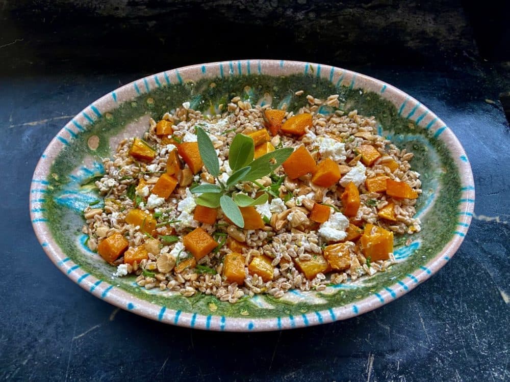 Herbed farro salad with roasted butternut squash, goat cheese and almonds. (Kathy Gunst/Here & Now)