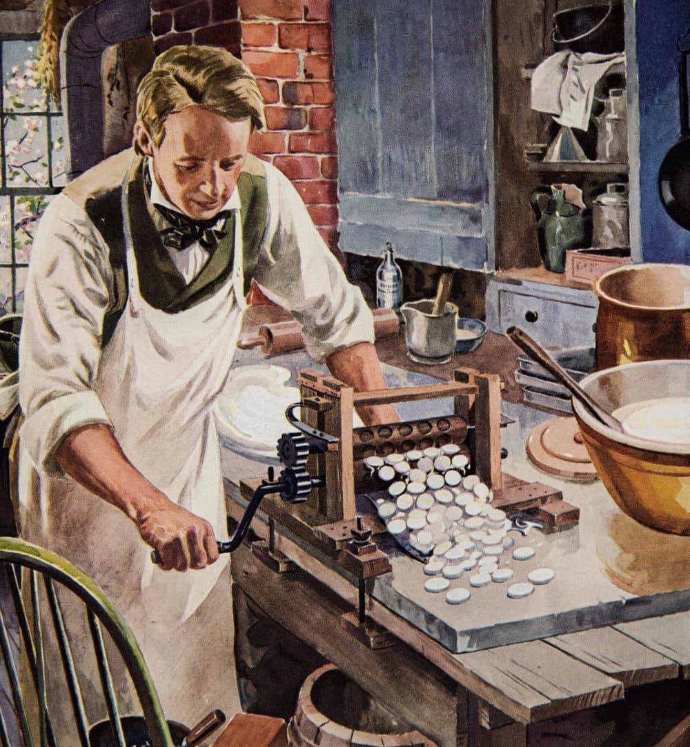 Oliver Chase and his first lozenge machine, around 1847, in a Confectioner's Row candy factory. (Courtesy Cambridge Historical Commission)
