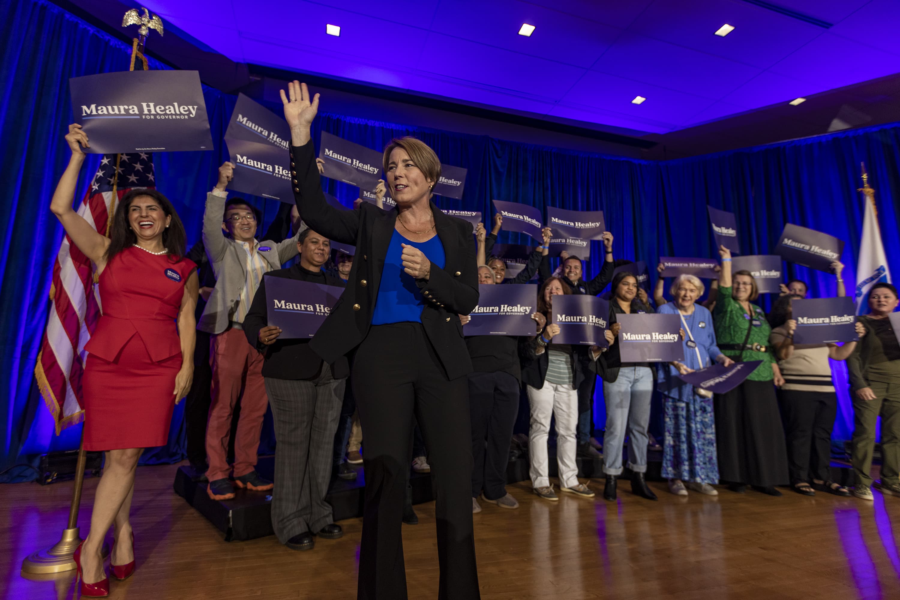 Maura Healey waves to the crowd at the IBEW headquarters in Dorchester after winning the nomination as the Democratic candidate for Governor. (Jesse Costa/WBUR)