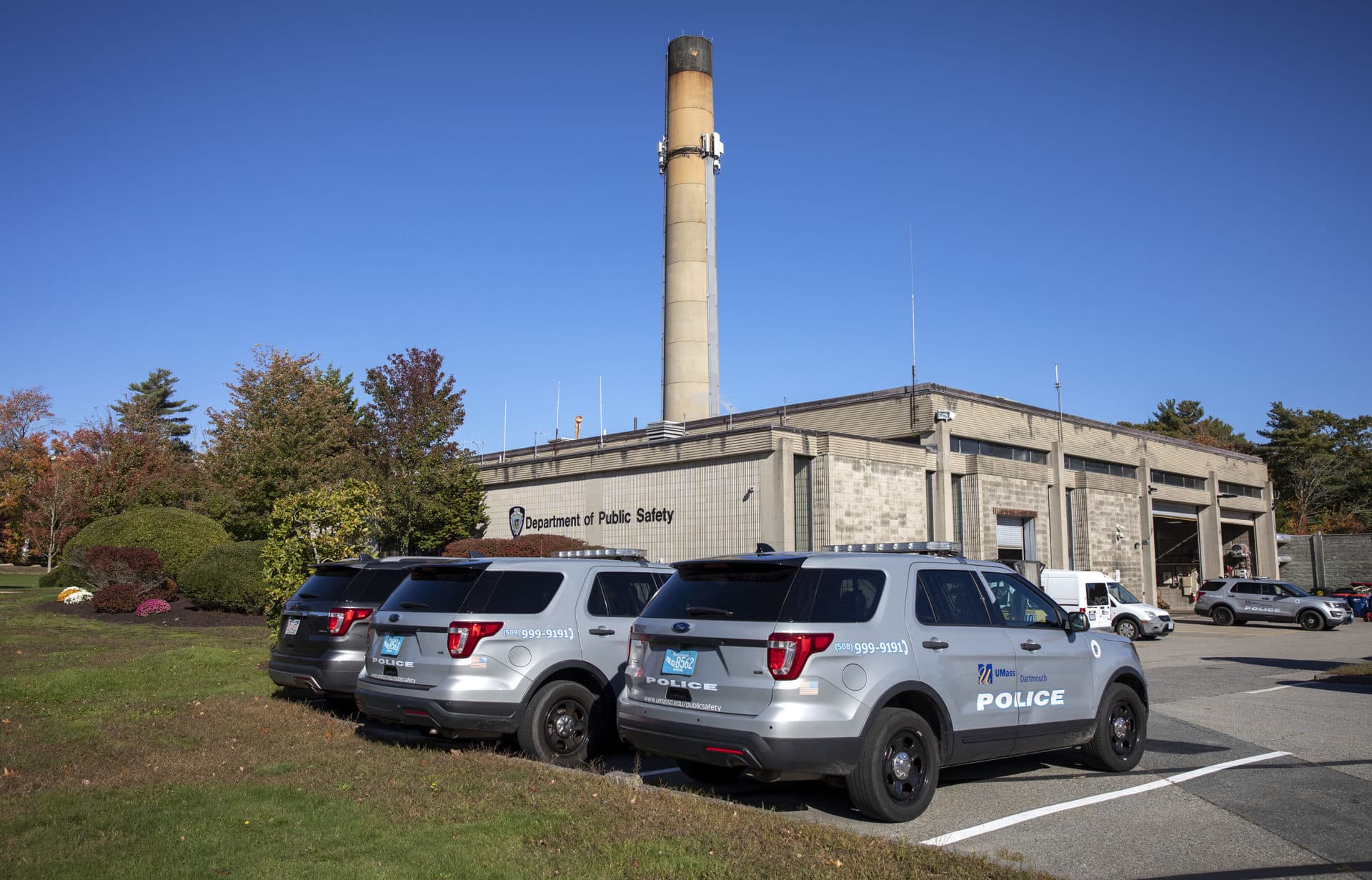 University police cars parked outside the Department of Public Safety at UMass Dartmouth. (Robin Lubbock/WBUR)