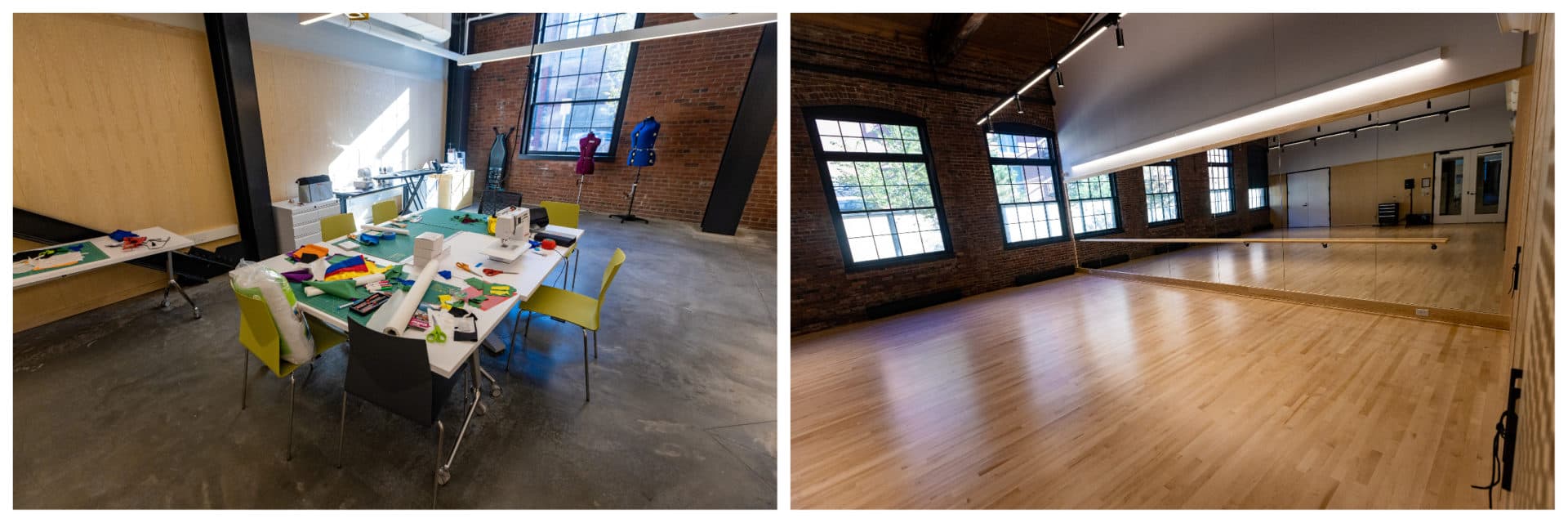 The Fiber Arts Room (left) and Dance Studio (right) at The Foundry.  (Jesse Costa/WBUR)