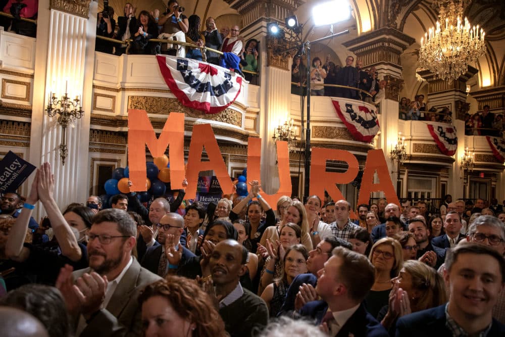 Supporters of Maura Healey listen to her victory speech on Election Day evening at the Fairmont Copley Plaza. (Robin Lubbock/WBUR)