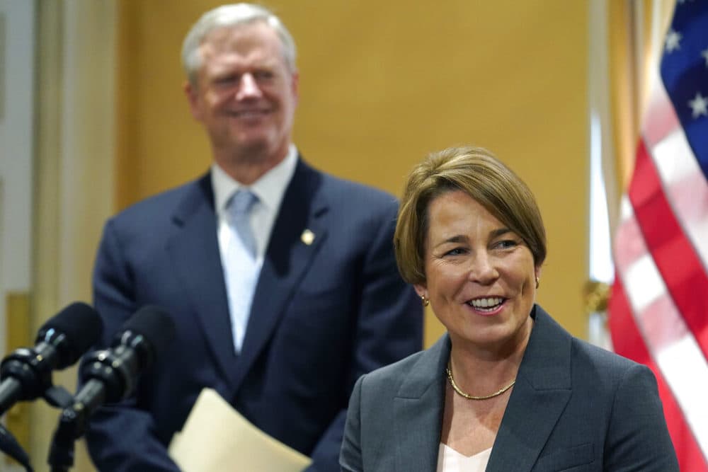 Hours after she was elected governor of the state, Attorney General Maura Healey met with Gov. Charlie Baker at the Statehouse to discuss the upcoming transfer of power. (Steven Senne/AP)