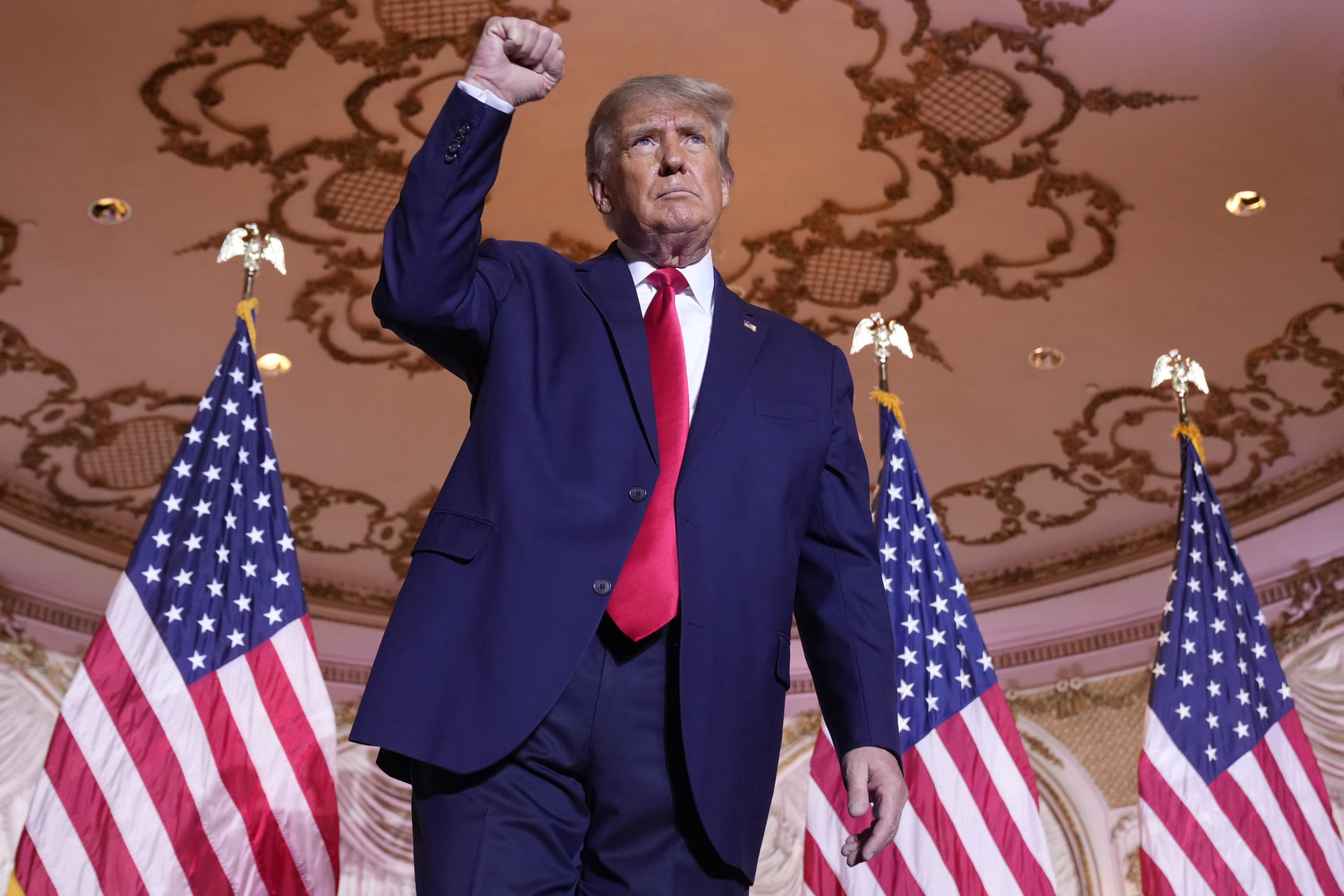 Former President Donald Trump gestures after announcing he is running for president for the third time as he speaks at Mar-a-Lago in Palm Beach, Fla., Tuesday, Nov. 15, 2022. (Andrew Harnik/AP)