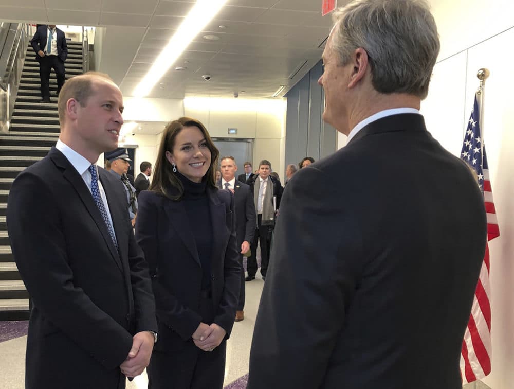 Britain's Prince William and Catherine, Princess of Wales are greeted by Gov. Charlie Baker at Boston Logan International Airport on Wednesday, Nov. 30, 2022, in Boston. (John Tlumacki/The Boston Globe via AP, Pool)