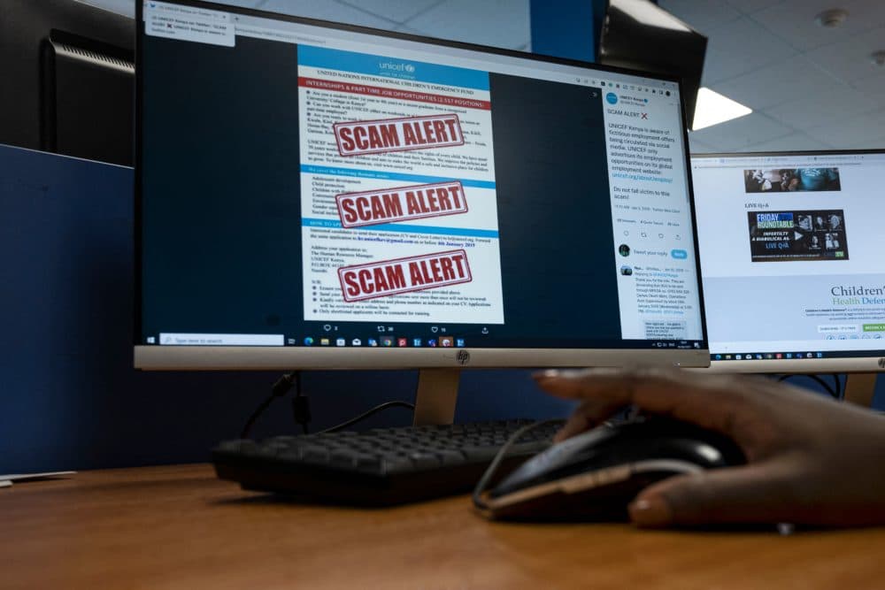 A researcher browses an internet site with a job offer that has been flagged as a scam. (Tony Karumba/AFP via Getty Images)