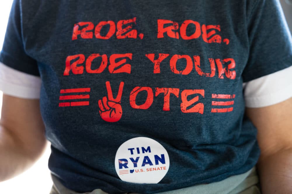 Amy Cox, Democratic candidate for Ohio State Representative, wears a shirt in support of Roe V Wade while canvassing in Trenton, Ohio, on October 23, 2022. (Megan Jelinger/ AFP via Getty Images)