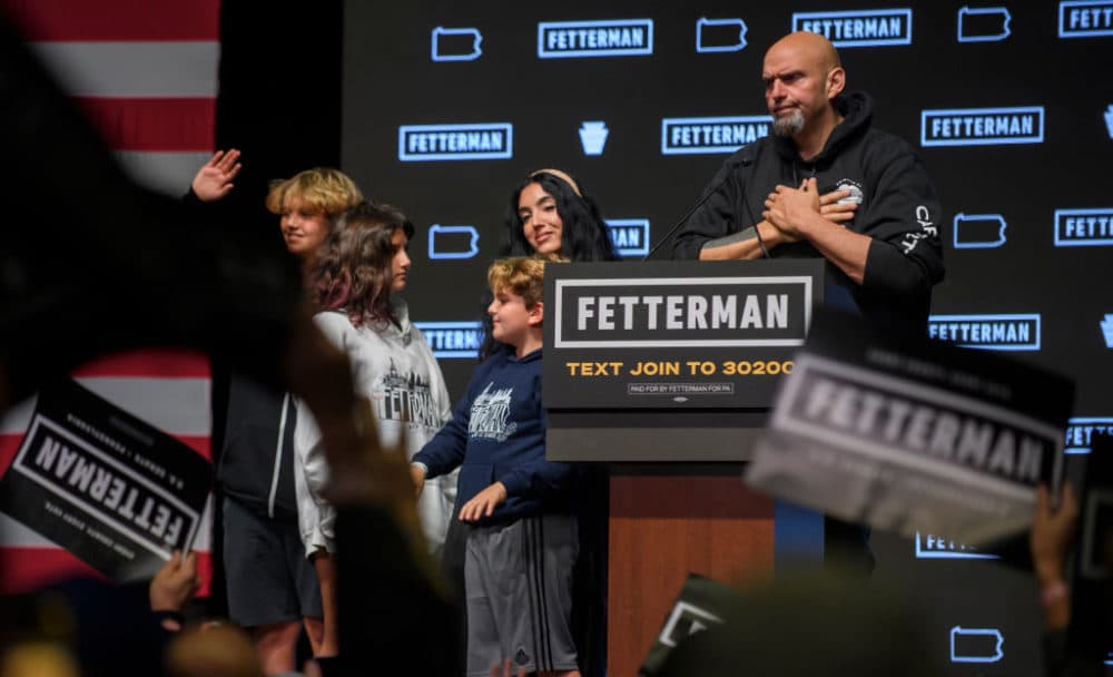 Democratic Senate candidate John Fetterman speaks to supporters with his family during an election night party on November 9, 2022 in Pittsburgh, Pennsylvania. Fetterman defeated Republican Senate candidate Dr. Mehmet Oz. (Photo by Jeff Swensen/Getty Images)