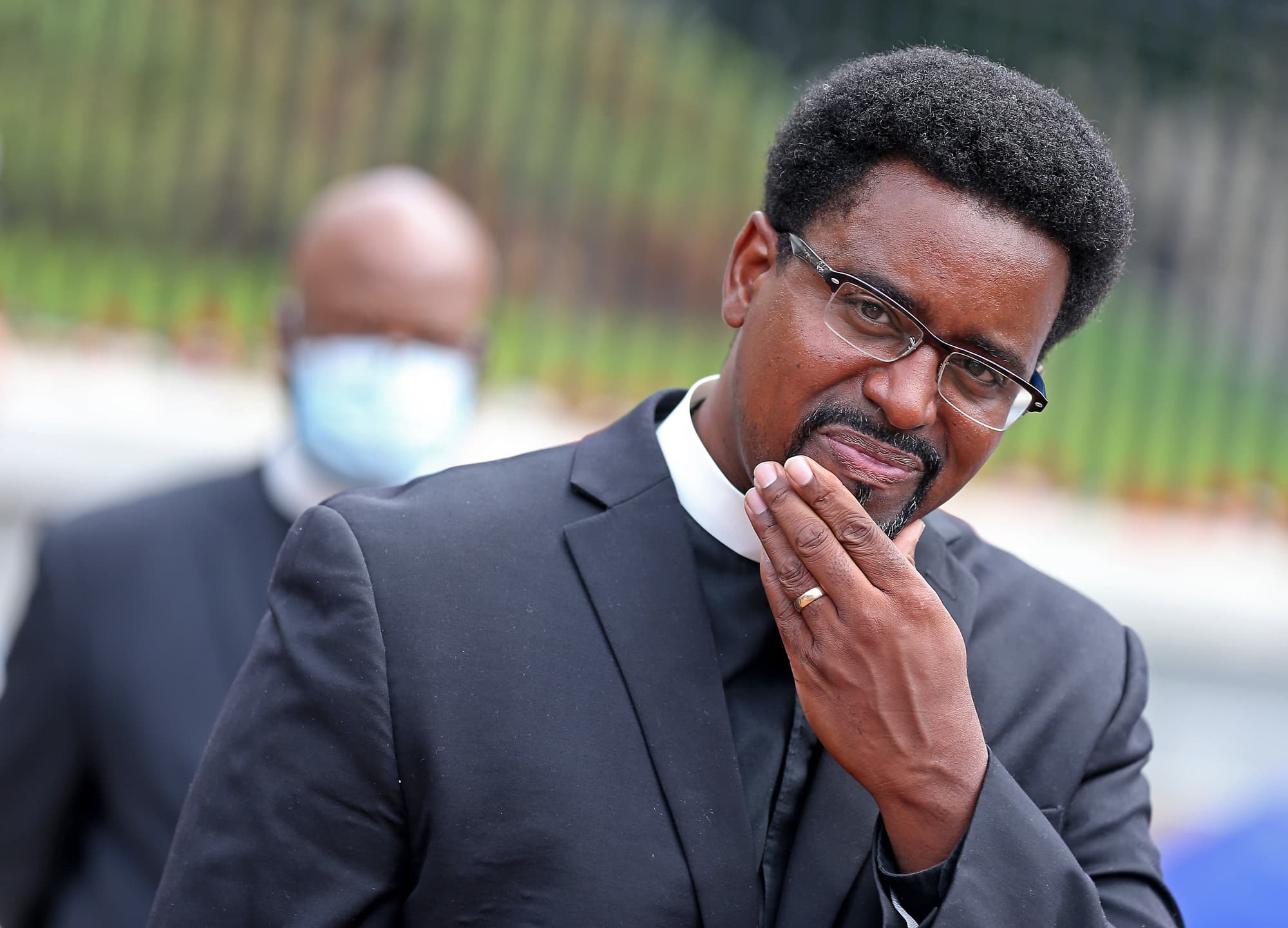 Rev. Rahsaan Hall, of the St. Paul AME Church in Cambridge, speaks outside the State House on July 20, 2020 in Boston. (Matt Stone/MediaNews Group/Boston Herald)