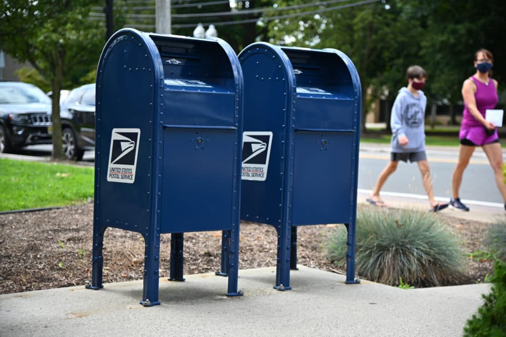 Mailboxes sit outside of a Morris Plains, NJ post office on Aug. 17, 2020 in Morris Plains, New Jersey. (Theo Wargo/Getty Images)