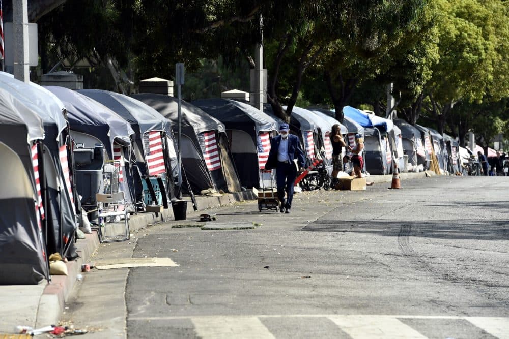 Homeless U.S. veteran tents at the VA West Los Angeles Healthcare Campus Japanese Garden on Sept. 24, 2020 in Los Angeles, California. (Frazer Harrison/Getty Images)