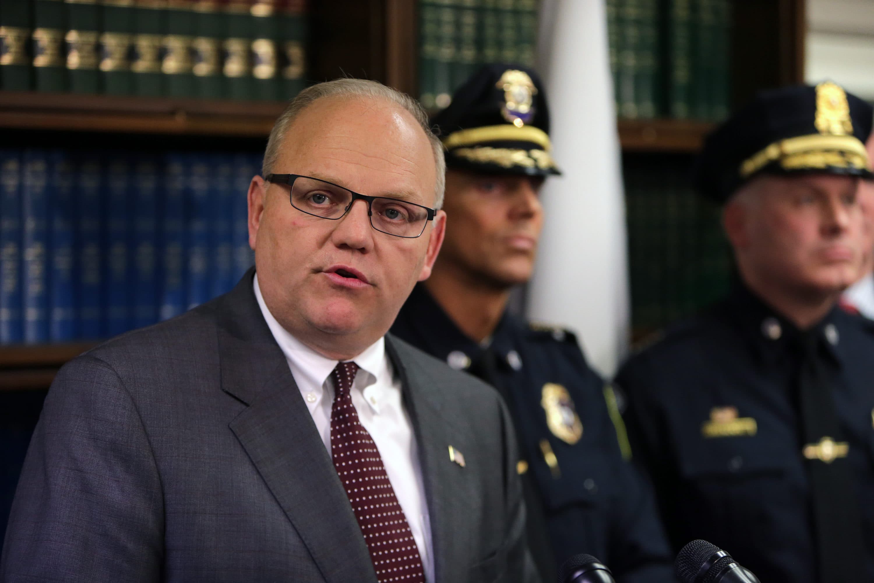 Plymouth County District Attorney Tim Cruz holds a news conference in 2017. (Barry Chin/The Boston Globe via Getty Images)