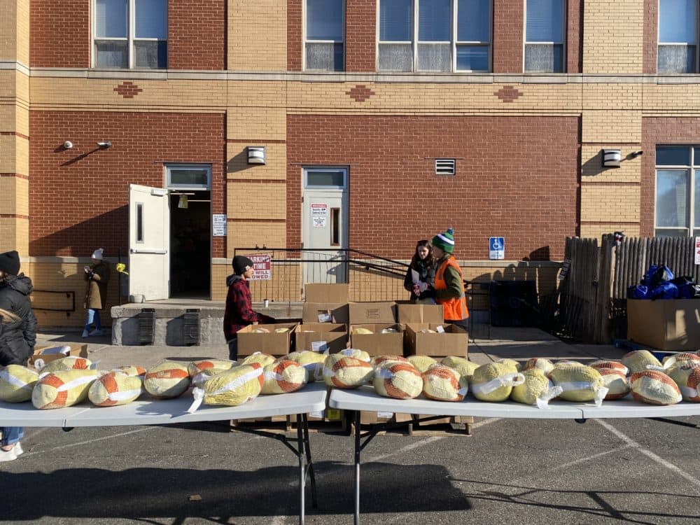 United Way's distribution site in Dorchester was just one of two dozen sites in 21 communities distributing meals through the United Way ahead of Thanksgiving. (Amanda Beland/WBUR)