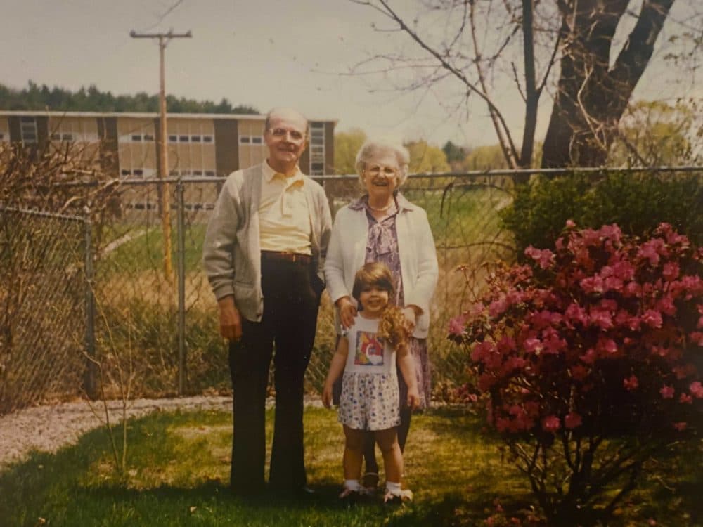 Roland and Edna Beland, pépère and mémère, with WBUR producer Amanda Beland in Manchester, NH. (Courtesy Beland family collection).