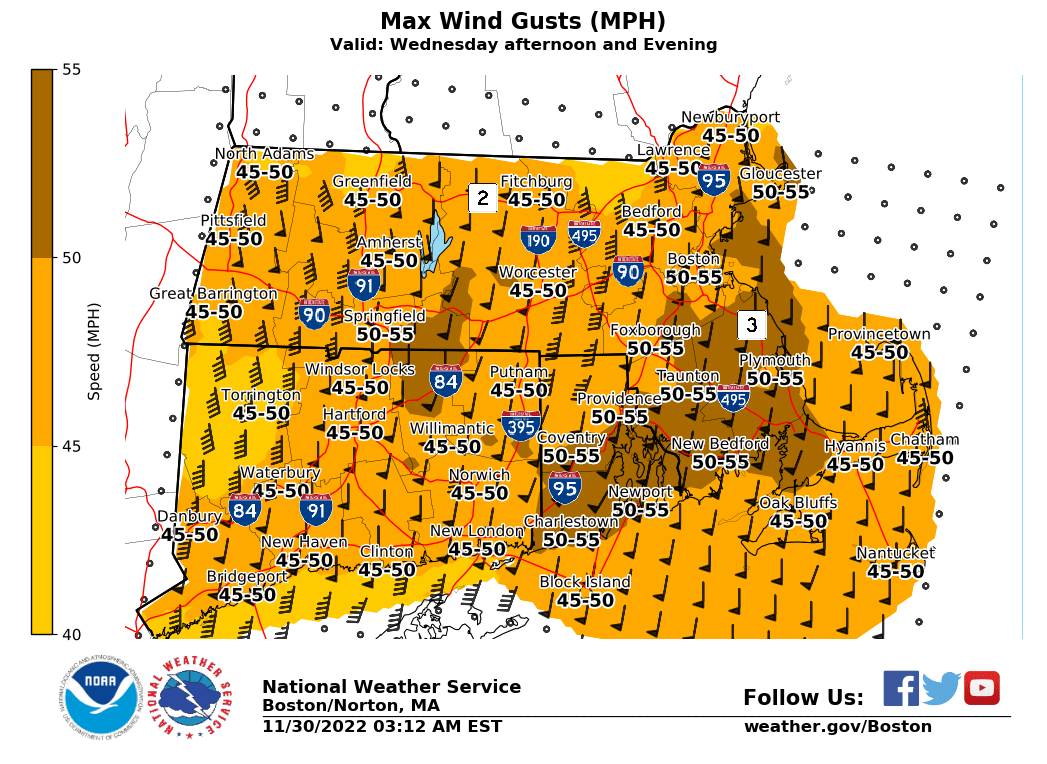 Map of expected wind gusts. (National Weather Service)