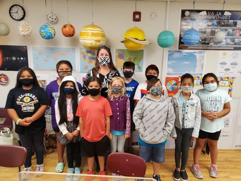Traci Sorell with a class of third graders at the Cherokee Nation Immersion School on the tribe's reservation in Tahlequah, Oklahoma. The school is a Cherokee language immersion school for K-6th grade students. (Courtesy)