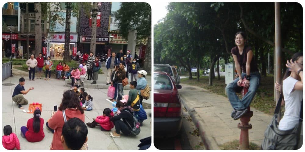 Downtown Hsinchu (left) and the author with friends in high school (right), both in Taiwan. (Courtesy Denise Lin)