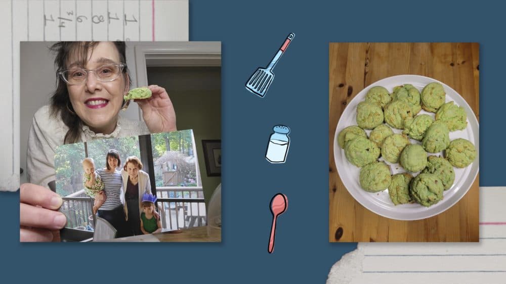 Allison Stines holds a photo of her family while she eats a family-favorite cookie: Martian droppings. (Courtesy of Allison Stines/Collage by NPR)