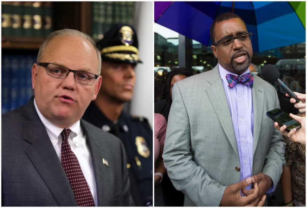 Plymouth County District Attorney Tim Cruz, photographed in 2017, and Rahsaan Hall, photographed in 2016. (Barry Chin/The Boston Globe via Getty Images and Jesse Costa/WBUR)
