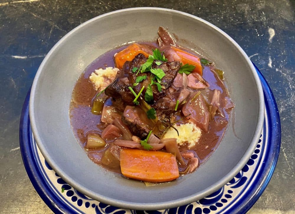 Short ribs stew with carrots, leeks and red wine. (Kathy Gunst/Here & Now)
