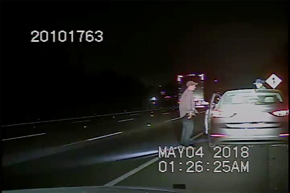 Dashcam video from Washington State Patrol shows Adam Paicos, an officer with the Erving, Mass. police, being arrested for driving under the influence near Seattle in 2018. (Courtesy Washington State Patrol)