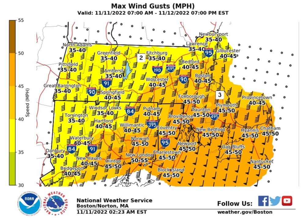 Predicted wind gust speeds across Massachusetts this weekend. (Courtesy National Weather Service)