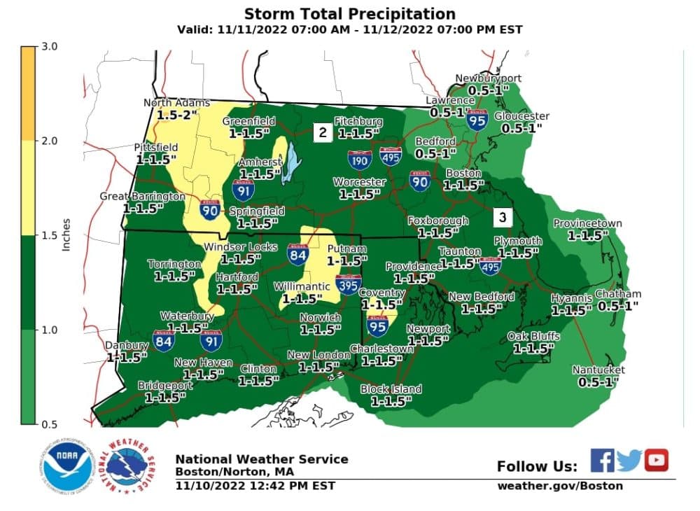 Projected rainfall totals across Massachusetts Friday. (Courtesy National Weather Service)