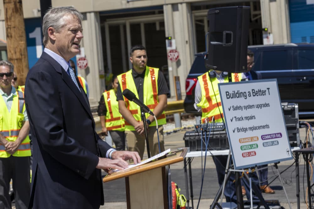 Gov. Charlie Baker has spent much of his administration trying to overhaul the MBTA. At a press conference in Medford above, Baker announces a 30-day MBTA Orange Line shutdown for sweeping maintenance. (Jesse Costa/WBUR)(Jesse Costa/WBUR)