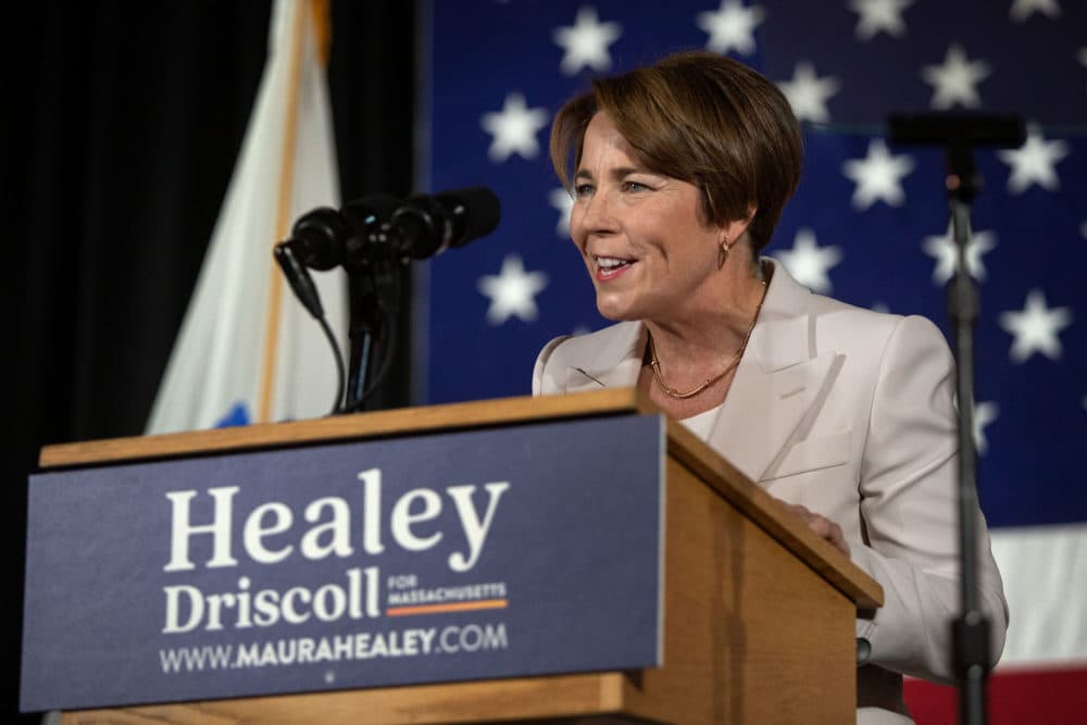 Maura Healey speaks with supporters on Election Day evening at the Fairmont Copley Plaza. (Robin Lubbock/WBUR)